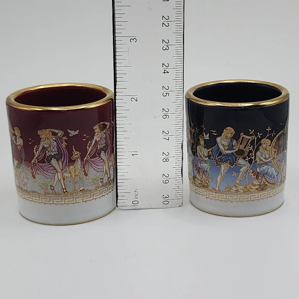 Vintage Greek Shot Glass Mythology Adis Artisan 24C Gold Detail Hand Crafted Art